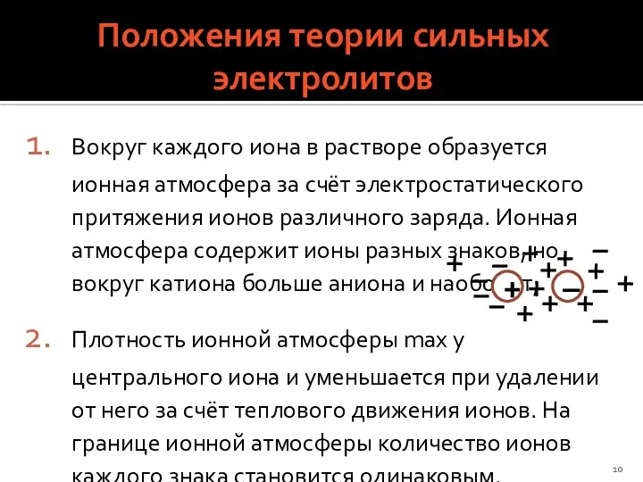 Вокруг каждого иона в растворе образуется ионная атмосфера за счёт электростатического