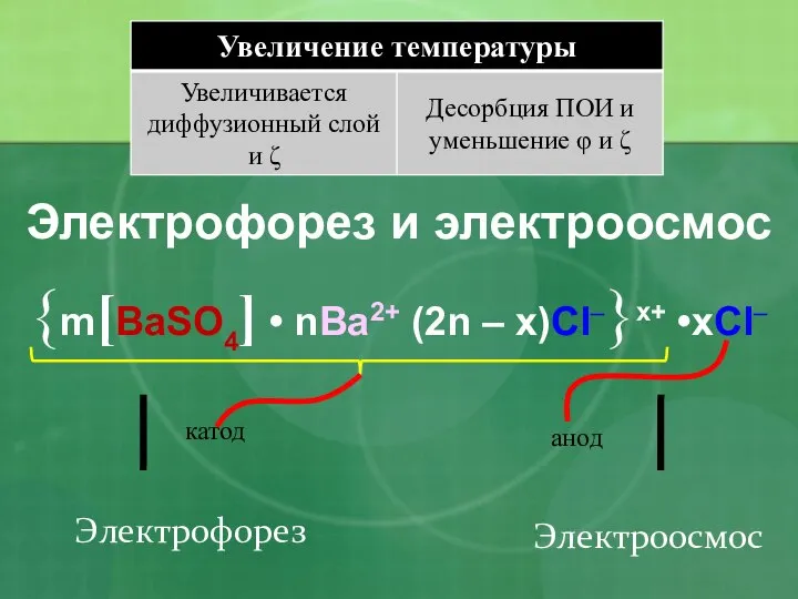 {m[BaSO4] • nBa2+ (2n – x)Cl–}x+ •xCl– Электрофорез и электроосмос катод анод Электрофорез Электроосмос