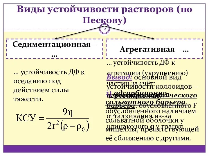 Виды устойчивости растворов (по Пескову) … устойчивость ДФ к агрегации (укрупнению)