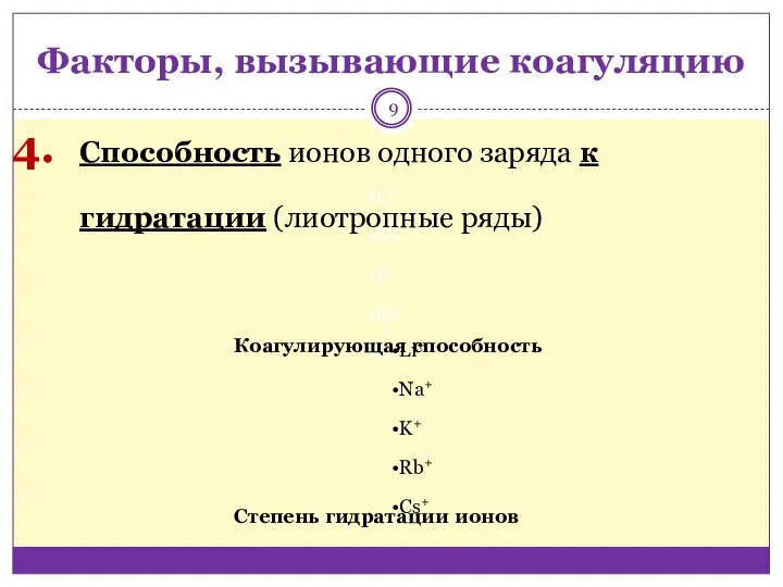 Способность ионов одного заряда к гидратации (лиотропные ряды) Факторы, вызывающие коагуляцию