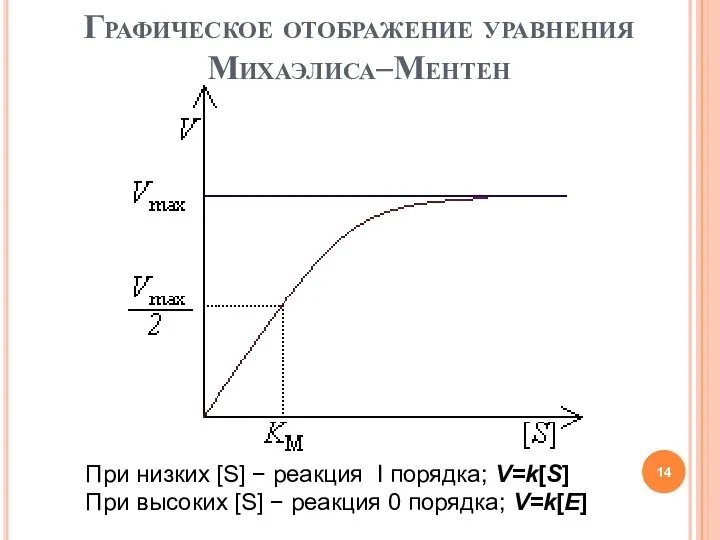 Графическое отображение уравнения Михаэлиса–Ментен При низких [S] − реакция I порядка;