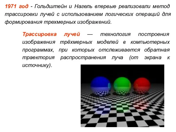 1971 год - Гольдштейн и Нагель впервые реализовали метод трассировки лучей
