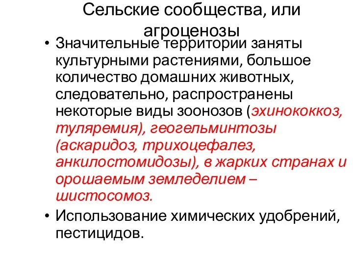 Сельские сообщества, или агроценозы Значительные территории заняты культурными растениями, большое количество