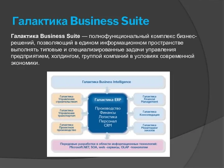 Галактика Business Suite Галактика Business Suite — полнофункциональный комплекс бизнес-решений, позволяющий