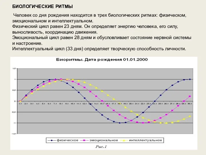 БИОЛОГИЧЕСКИЕ РИТМЫ Человек со дня рождения находится в трех биологических ритмах: