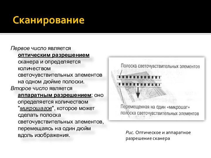 Сканирование Первое число является оптическим разрешением сканера и определяется количеством светочувствительных