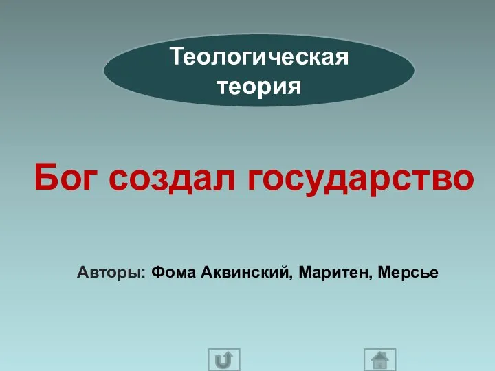 Теологическая теория Бог создал государство Авторы: Фома Аквинский, Маритен, Мерсье