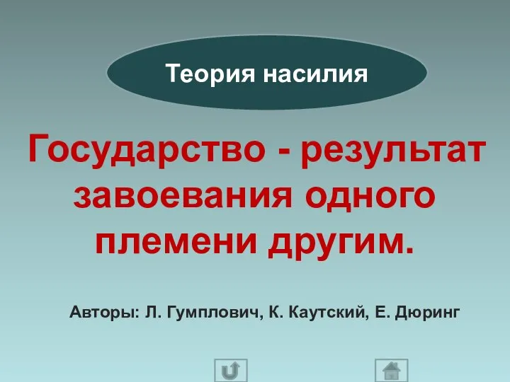 Теория насилия Государство - результат завоевания одного племени другим. Авторы: Л. Гумплович, К. Каутский, Е. Дюринг