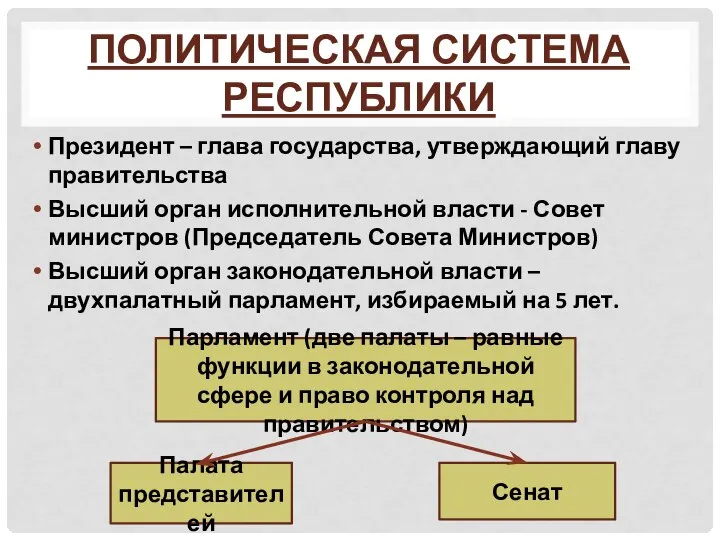 ПОЛИТИЧЕСКАЯ СИСТЕМА РЕСПУБЛИКИ Президент – глава государства, утверждающий главу правительства Высший