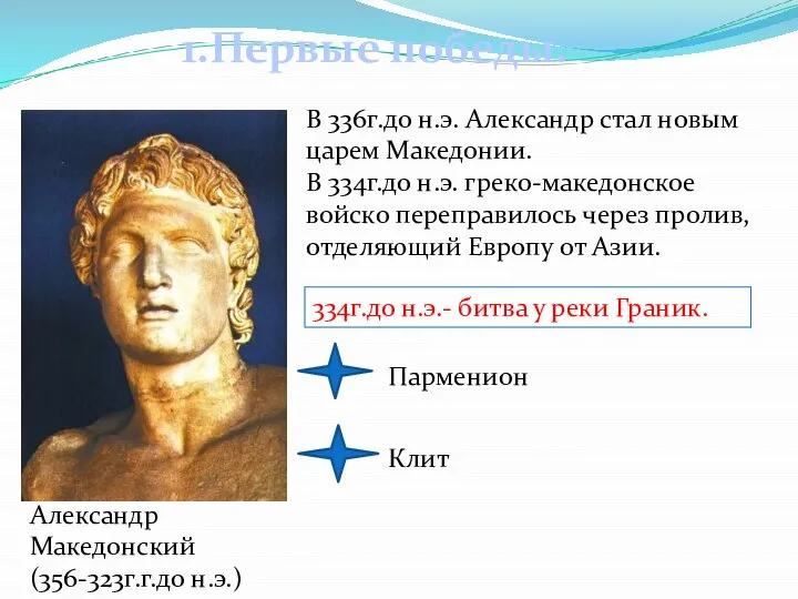 1.Первые победы. В 336г.до н.э. Александр стал новым царем Македонии. В