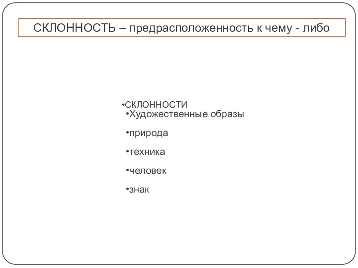 СКЛОННОСТЬ – предрасположенность к чему - либо СКЛОННОСТИ Художественные образы природа техника человек знак