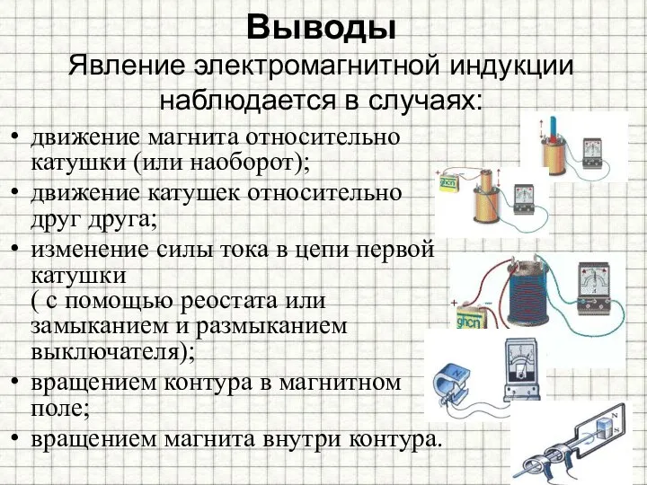 Выводы Явление электромагнитной индукции наблюдается в случаях: движение магнита относительно катушки