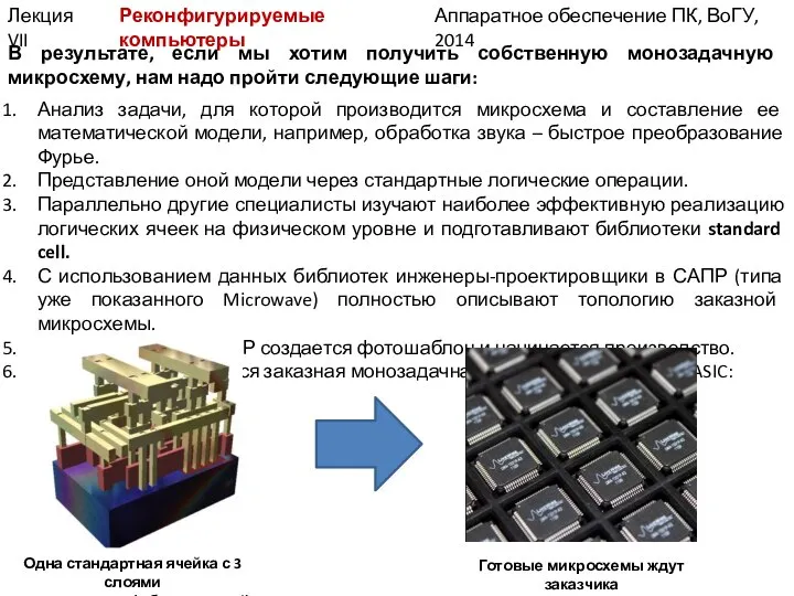 Аппаратное обеспечение ПК, ВоГУ, 2014 Лекция VII Реконфигурируемые компьютеры В результате,