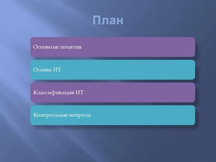 План Основные понятия Основа ИТ Классификация ИТ Контрольные вопросы