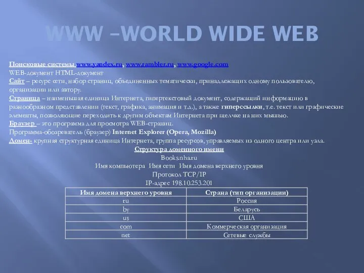 WWW –WORLD WIDE WEB Поисковые системы www.yandex.ru, www.rambler.ru, www.google.com WEB-документ HTML-документ