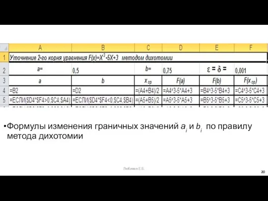 Формулы изменения граничных значений аi и bi по правилу метода дихотомии