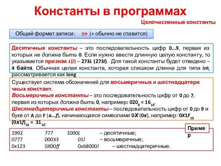 Общий формат записи: ±n (+ обычно не ставится) Целочисленные константы Константы