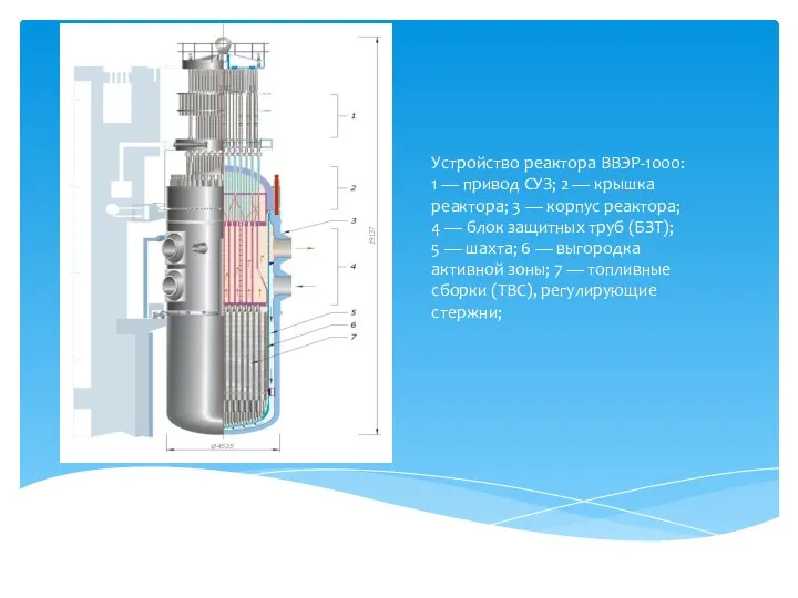 Устройство реактора ВВЭР-1000: 1 — привод СУЗ; 2 — крышка реактора;