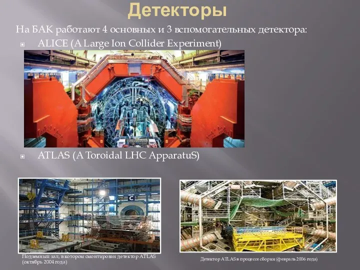 Детекторы На БАК работают 4 основных и 3 вспомогательных детектора: ALICE