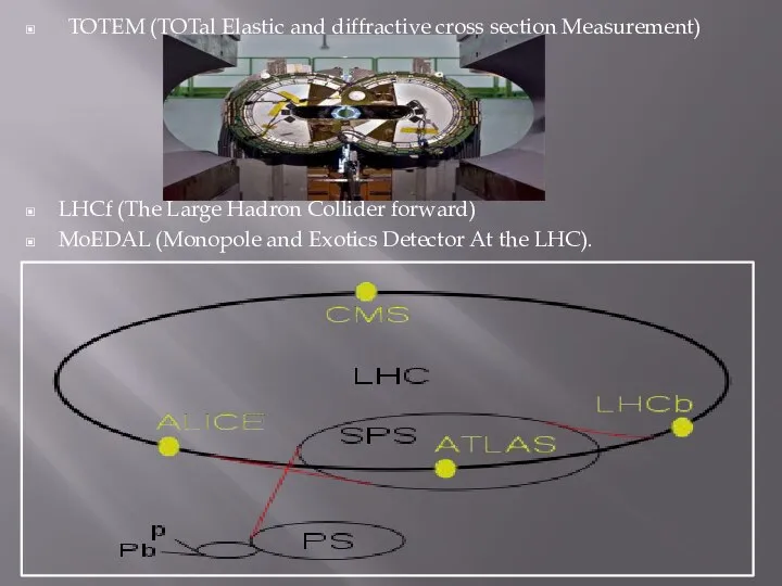 TOTEM (TOTal Elastic and diffractive cross section Measurement) LHCf (The Large