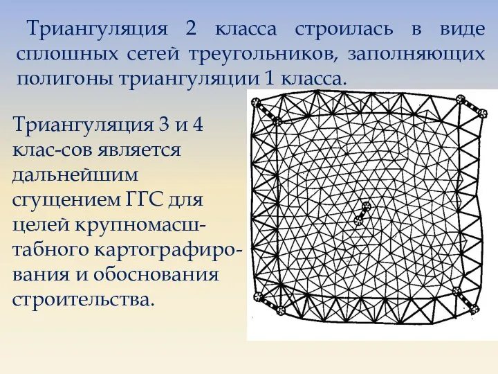 Триангуляция 2 класса строилась в виде сплошных сетей треугольников, заполняющих полигоны