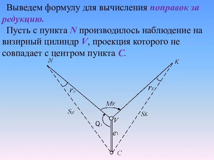 Выведем формулу для вычисления поправок за редукцию. Пусть с пункта N