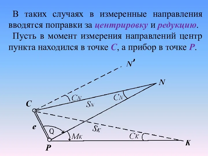 В таких случаях в измеренные направления вводятся поправки за центрировку и