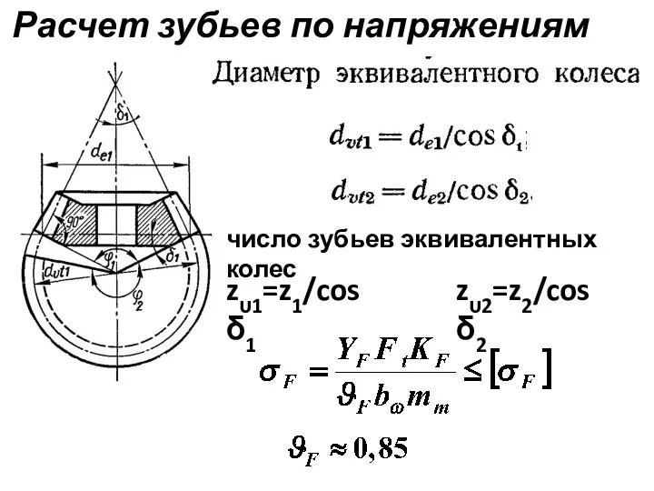 Расчет зубьев по напряжениям изгиба число зубьев эквивалентных колес zυ1=z1/cos δ1 zυ2=z2/cos δ2