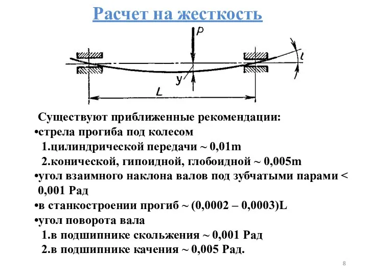 Расчет на жесткость Существуют приближенные рекомендации: стрела прогиба под колесом цилиндрической