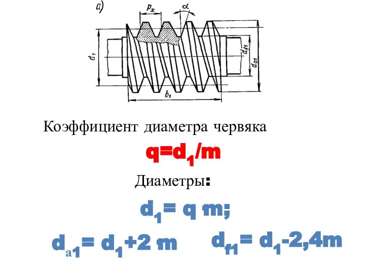 Коэффициент диаметра червяка q=d1/m d1= q·m; dа1= d1+2·m df1= d1-2,4m Диаметры: