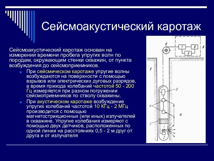 Сейсмоакустический каротаж Сейсмоакустический каротаж основан на измерении времени пробега упругих волн