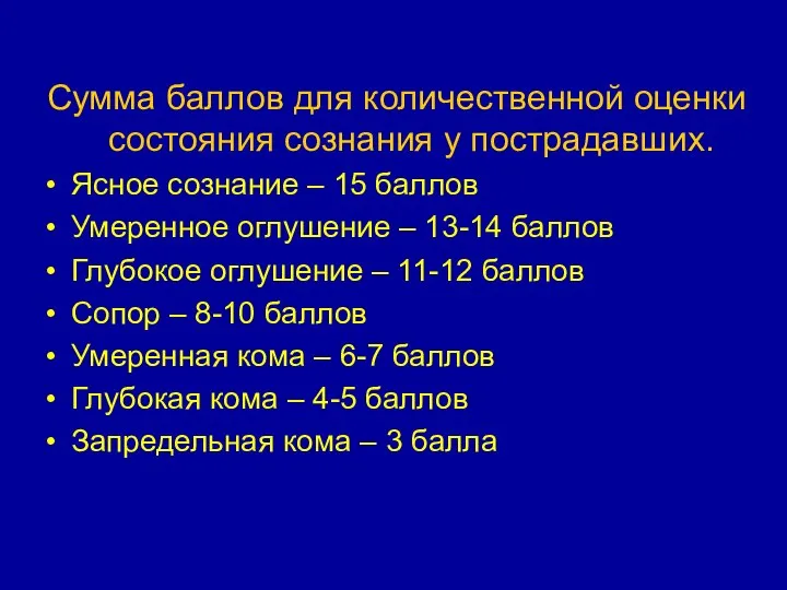 Сумма баллов для количественной оценки состояния сознания у пострадавших. Ясное сознание