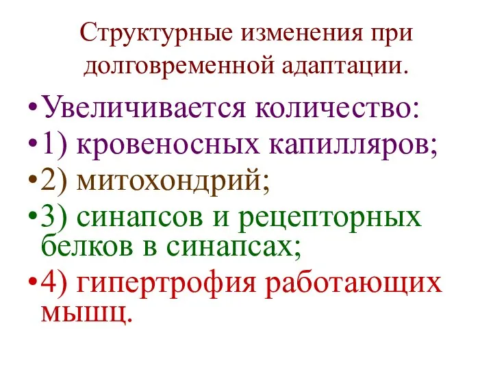 Структурные изменения при долговременной адаптации. Увеличивается количество: 1) кровеносных капилляров; 2)