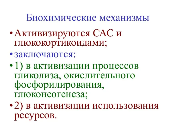 Биохимические механизмы Активизируются САС и глюкокортикоидами; заключаются: 1) в активизации процессов