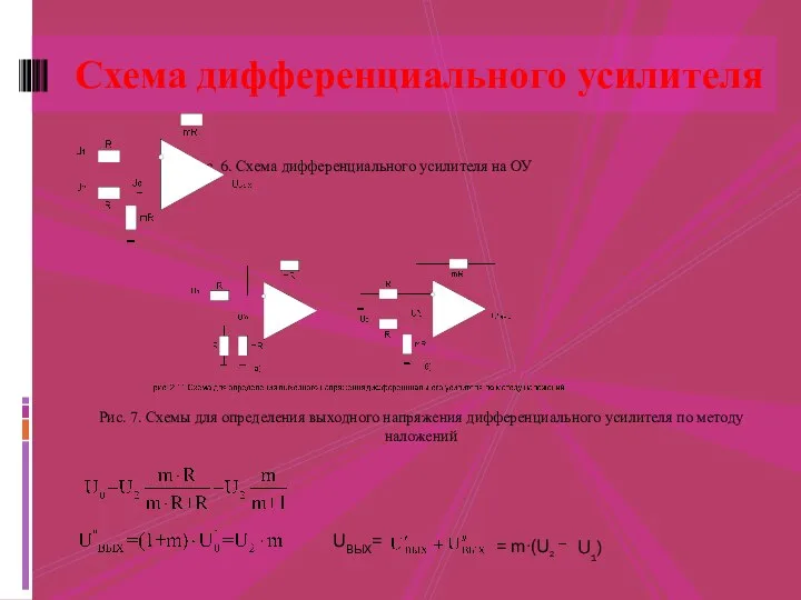 Рис. 6. Схема дифференциального усилителя на ОУ Рис. 7. Схемы для