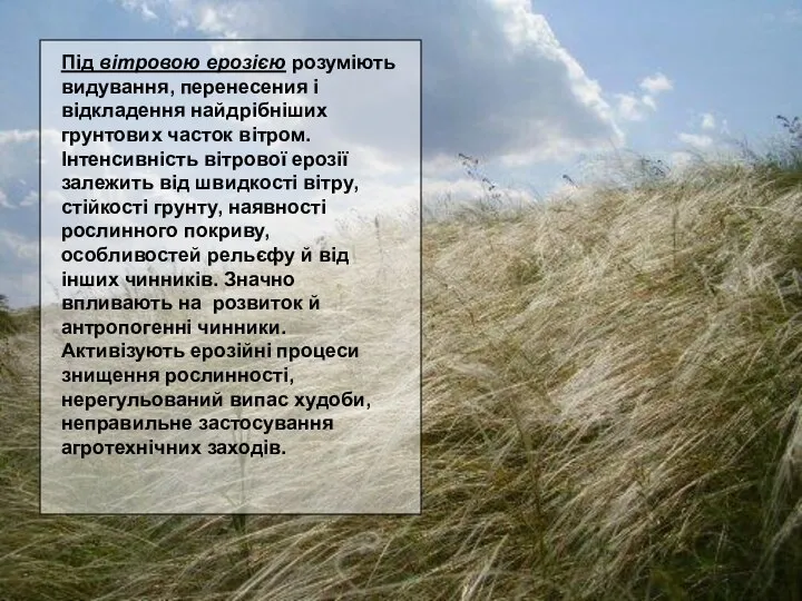 Під вimровою ерозією розуміють видування, перенесения i відкладення найдрібніших грунтових часток