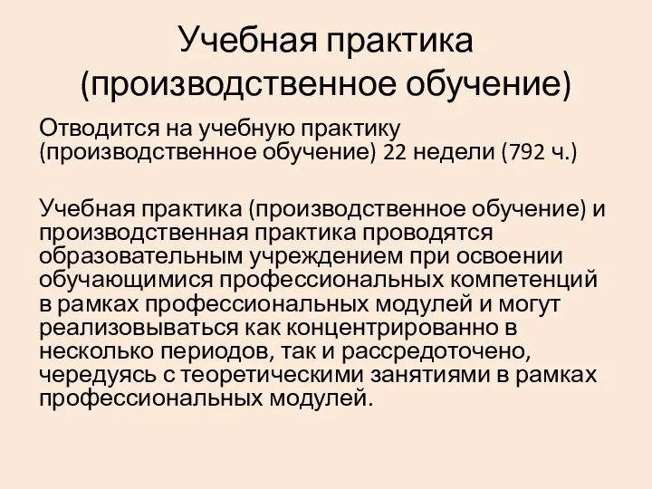 Учебная практика (производственное обучение) Отводится на учебную практику (производственное обучение) 22