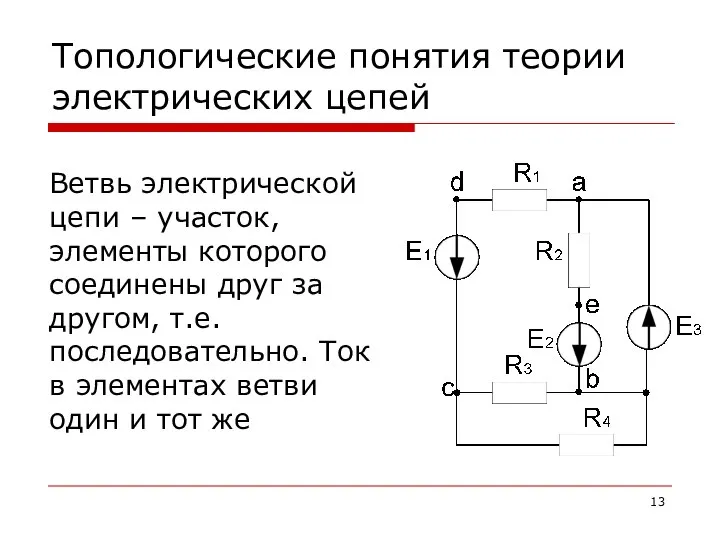 Топологические понятия теории электрических цепей Ветвь электрической цепи – участок, элементы