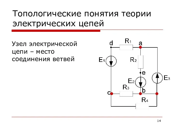 Топологические понятия теории электрических цепей Узел электрической цепи – место соединения ветвей