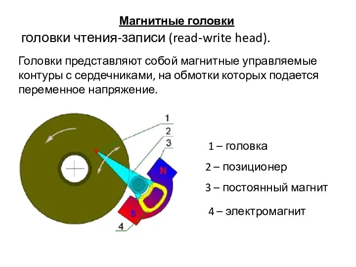 Магнитные головки головки чтения-записи (read-write head). Головки представляют собой магнитные управляемые