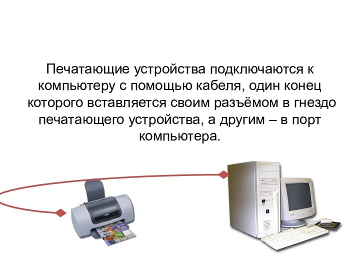 Печатающие устройства подключаются к компьютеру с помощью кабеля, один конец которого