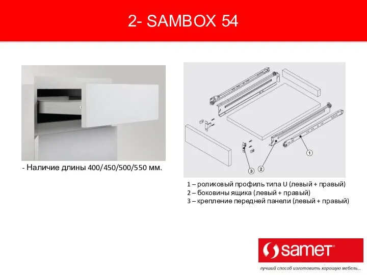 2- SAMBOX 54 - Наличие длины 400/450/500/550 мм. 1 – роликовый