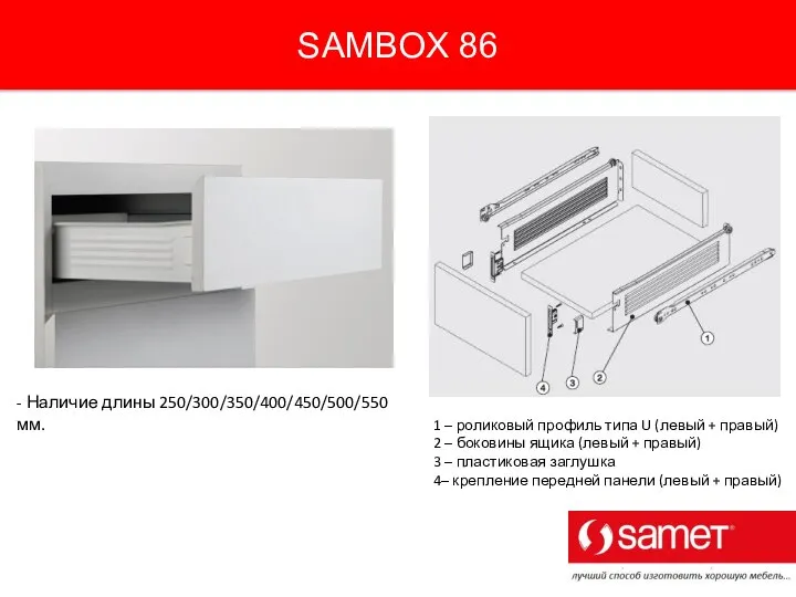 SAMBOX 86 - Наличие длины 250/300/350/400/450/500/550 мм. 1 – роликовый профиль