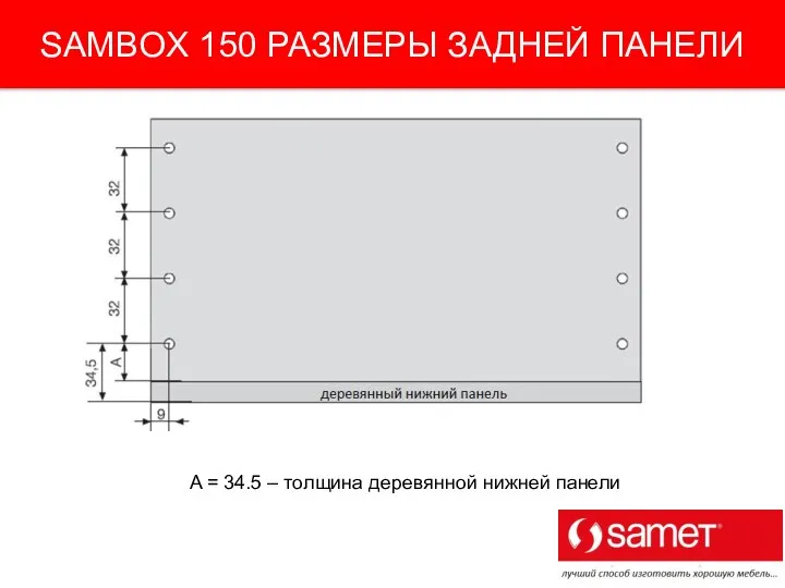 SAMBOX 150 РАЗМЕРЫ ЗАДНЕЙ ПАНЕЛИ A = 34.5 – толщина деревянной нижней панели