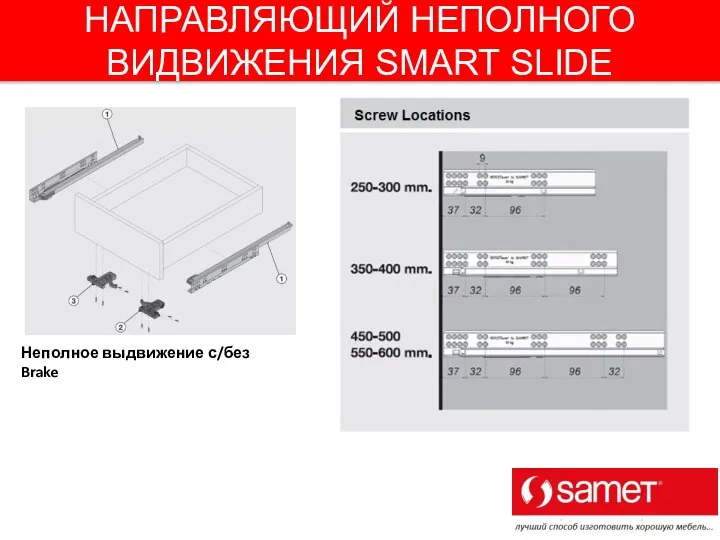 НАПРАВЛЯЮЩИЙ НЕПОЛНОГО ВИДВИЖЕНИЯ SMART SLIDE Неполное выдвижение с/без Brake