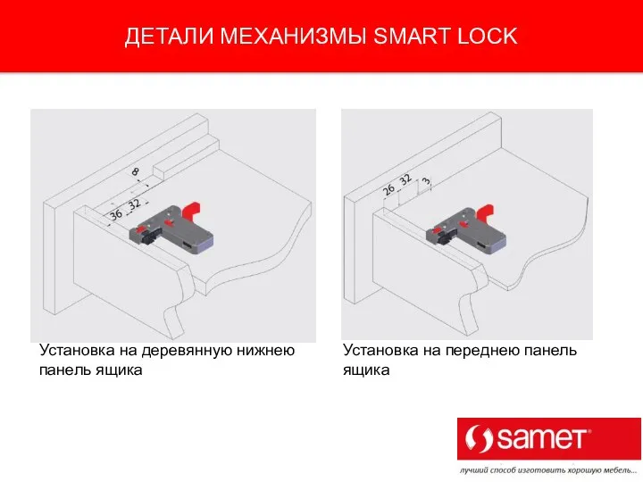 ДЕТАЛИ МЕХАНИЗМЫ SMART LOCK Установка на деревянную нижнею панель ящика Установка на переднею панель ящика