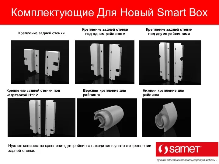 Нужное количество крепление для рейлинга находится в упаковке креплении задней стенки. Комплектующие Для Новый Smart Box