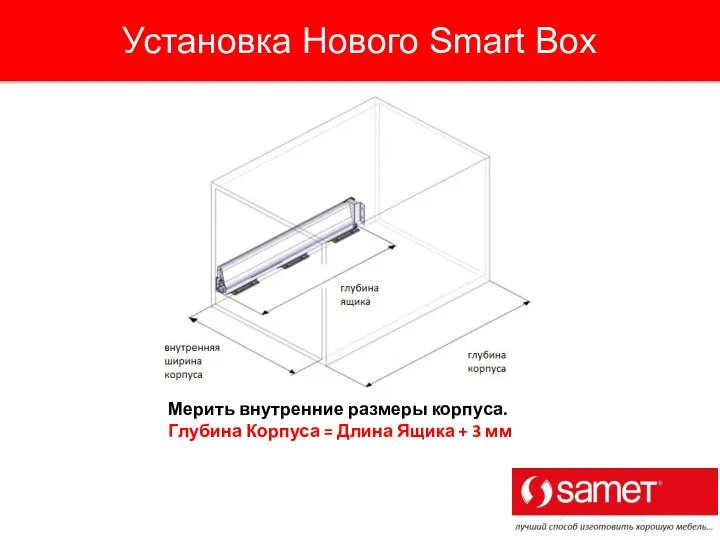 Мерить внутренние размеры корпуса. Глубина Корпуса = Длина Ящика + 3 мм Установка Нового Smart Box