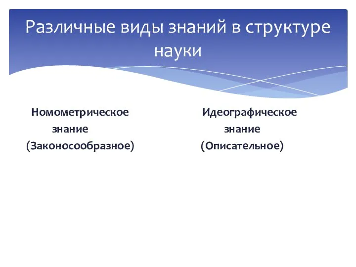 Номометрическое Идеографическое знание знание (Законосообразное) (Описательное) Различные виды знаний в структуре науки