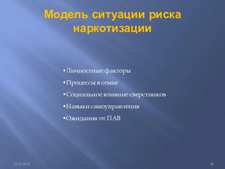 Модель ситуации риска наркотизации Личностные факторы Процессы в семье Социальное влияние